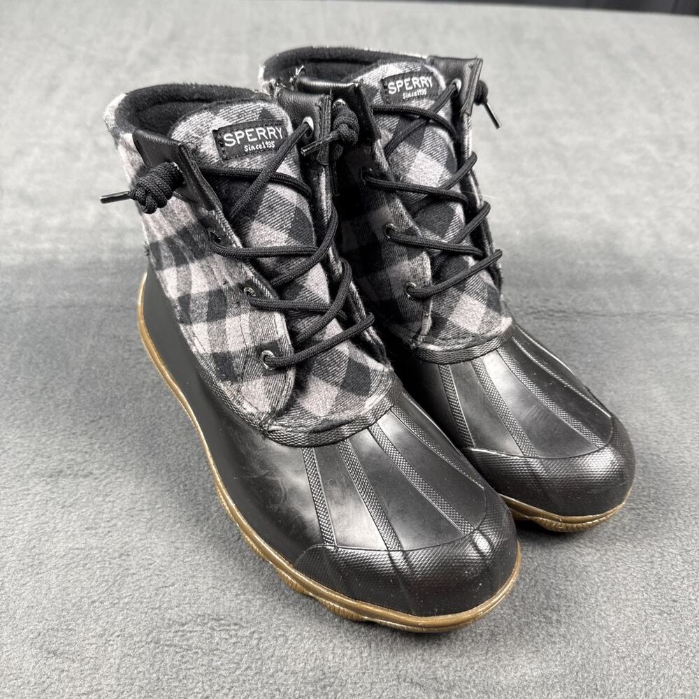 Sperry Top Sider Duck Boots Womens 8 Syren Gulf Plaid Black Ankle Top STS85655